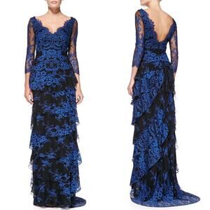 Alice + Olivia Alyssa Tiered Contrast Lace Evening Gown Dress Blue Black Size 2